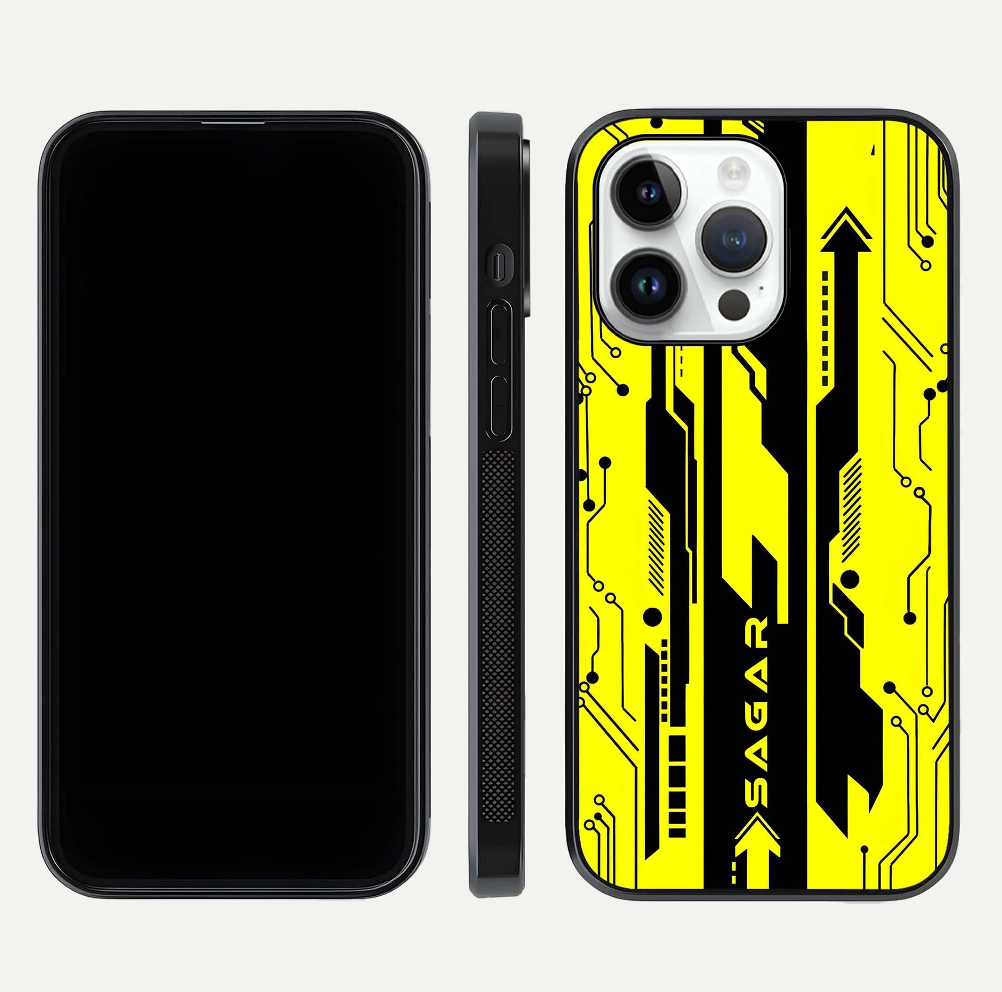 Electric Pulse CYBERPUNK Custom Name Glass Case for iPhone 14 Pro dual-view layout displaying futuristic hues and curved glass edges