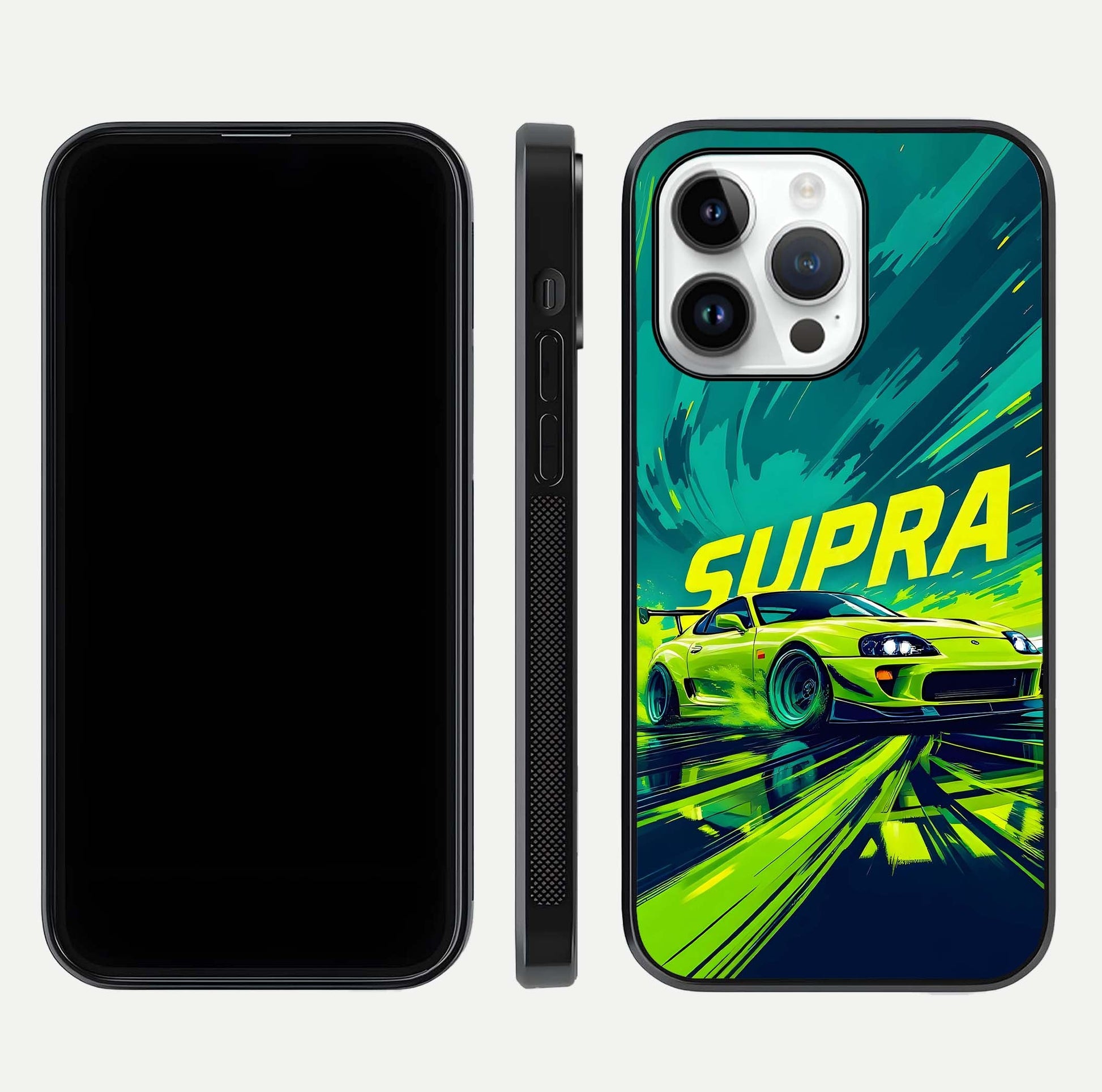 Electric Supra Thunder Glass Case for iPhone 14 Pro dual-view layout displaying dynamic motion art and curved finish
