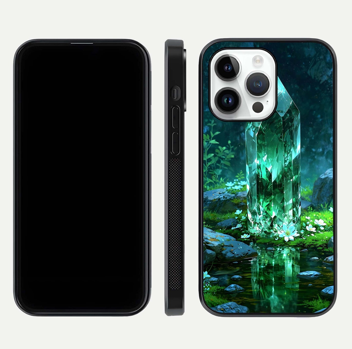 Emerald Light Crystal Glass Case for iPhone 14 Pro dual-view layout displaying gem-like tones and polished edge