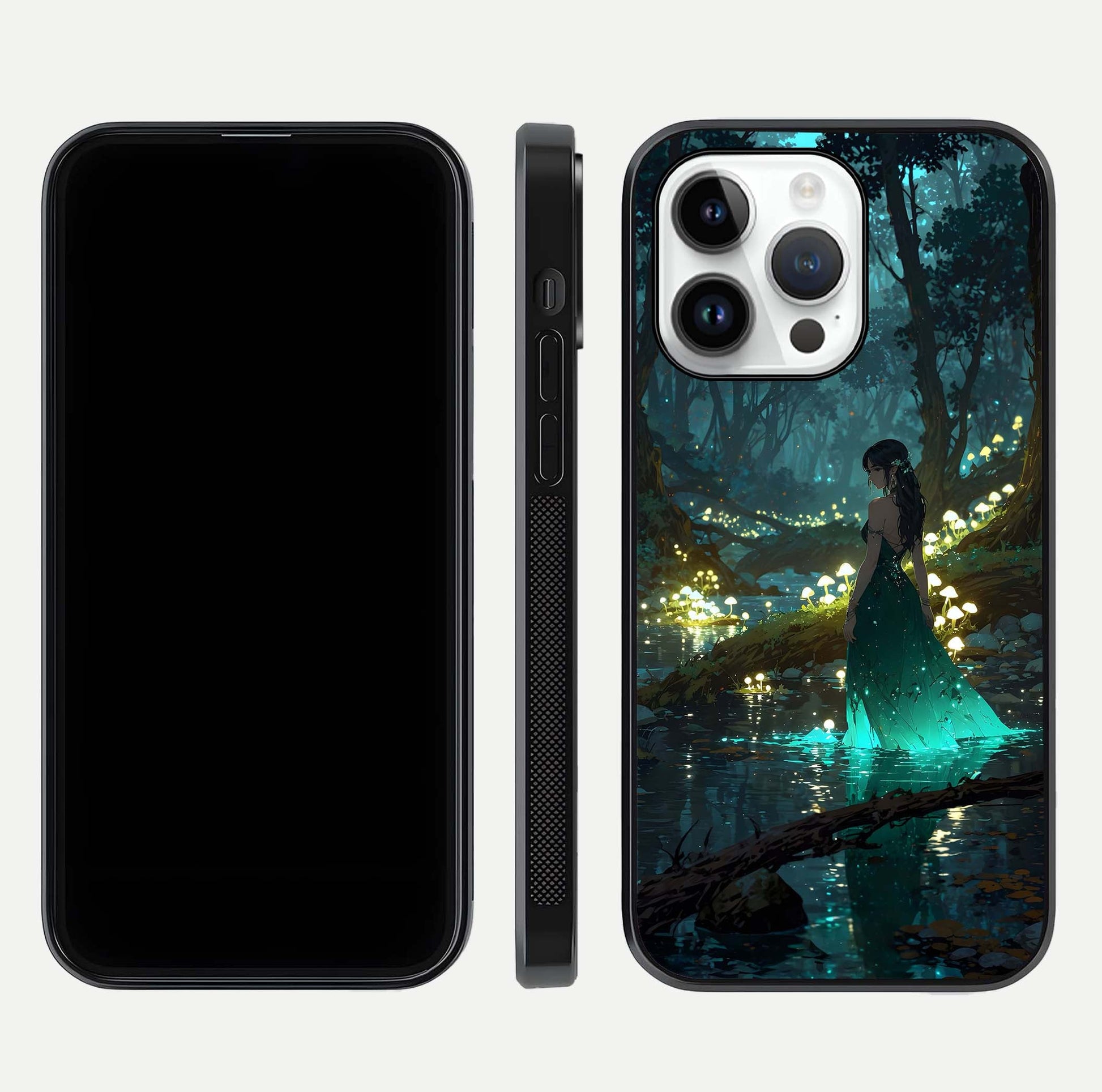 Enchanted Forest Glow Glass Case for iPhone 14 Pro dual-view layout displaying green tones and smooth glass