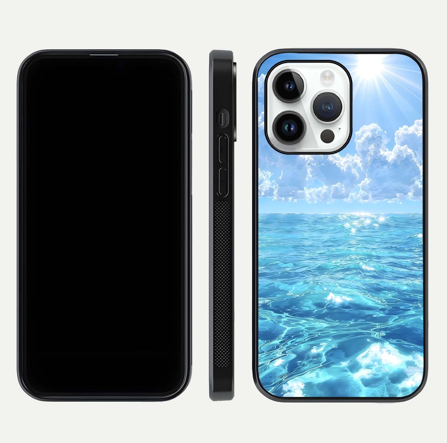 Endless Ocean Horizon Glass Case for iPhone 14 Pro dual-view layout displaying calm seascape and curved edges