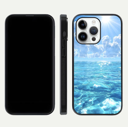 Endless Ocean Horizon Glass Case for iPhone 14 Pro dual-view layout displaying calm seascape and curved edges