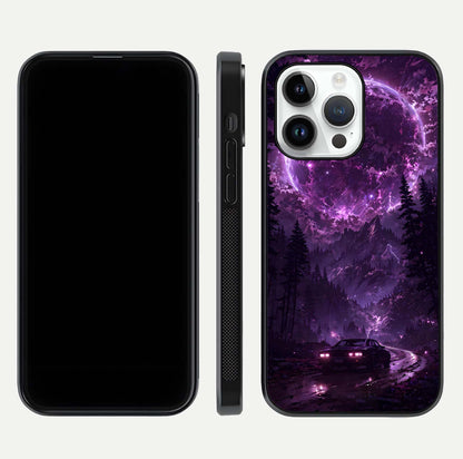 Eternal Cosmic Drive Glass Case for iPhone 14 Pro dual-view layout displaying outer-space tones and curved finish