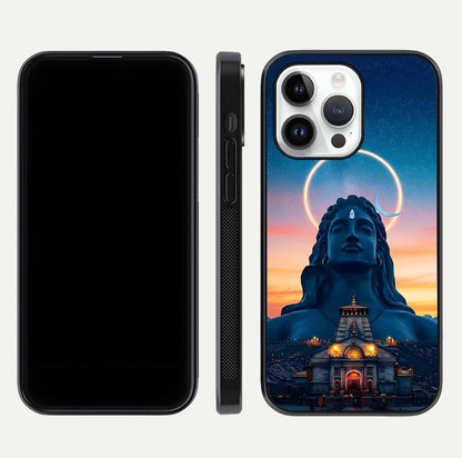 Eternal Shiva Aura Glass Case for iPhone 14 Pro dual-view layout displaying HD deity print and smooth edge
