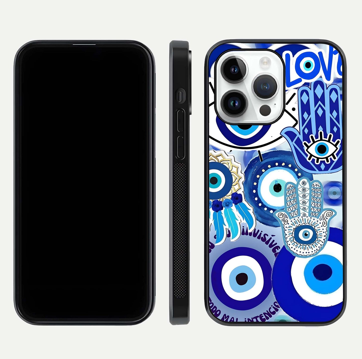 Evil Eyes Dream Glass Case for iPhone 14 Pro dual-view layout displaying spiritual motif and polished curved edge
