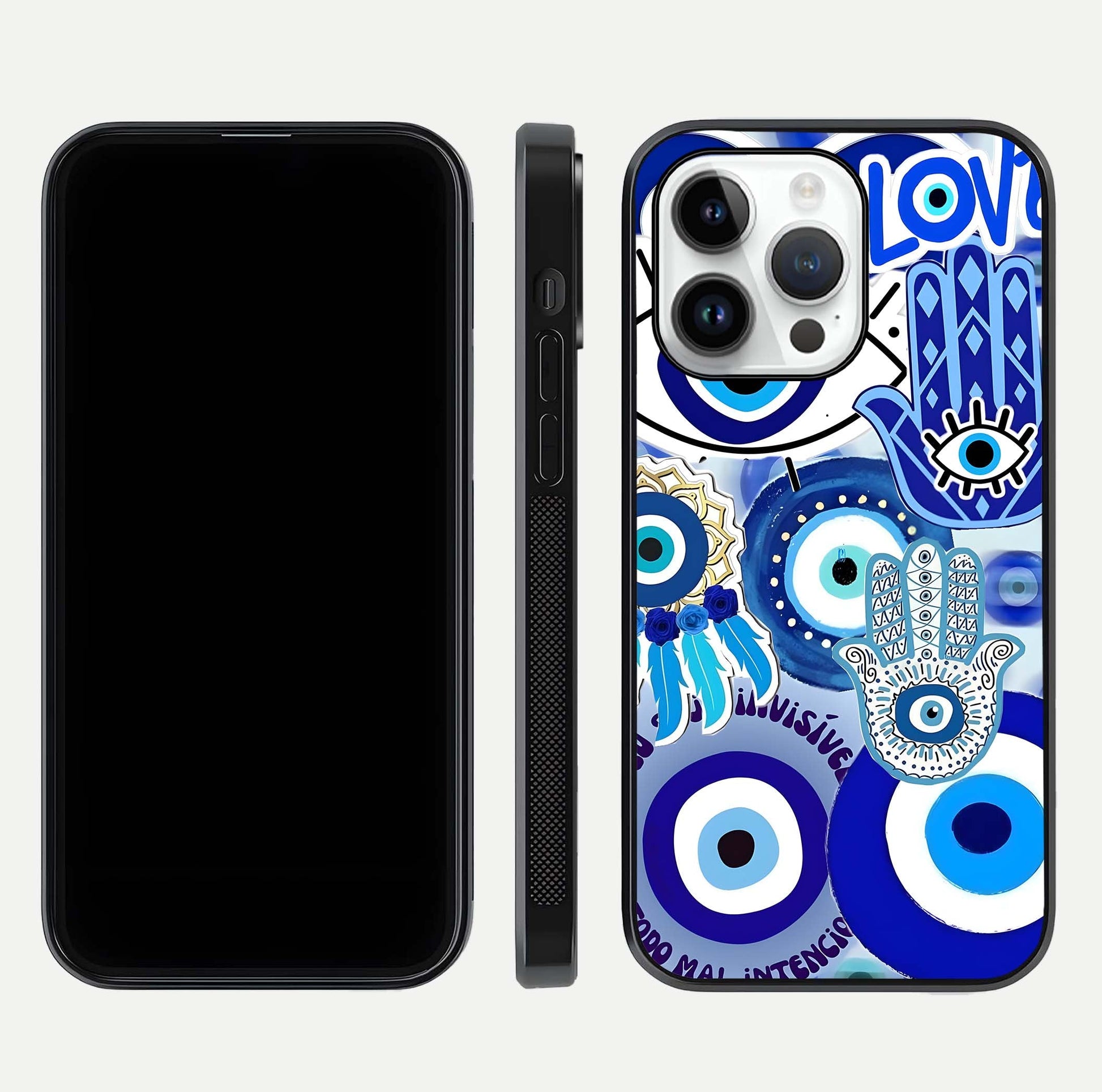 Evil Eyes Dream Glass Case for iPhone 14 Pro dual-view layout displaying spiritual motif and polished curved edge