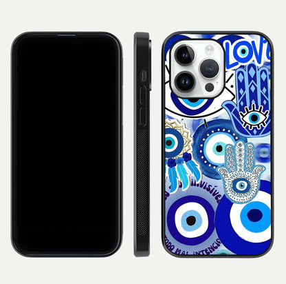 Evil Eyes Dream Glass Case for iPhone 14 Pro dual-view layout displaying spiritual motif and polished curved edge