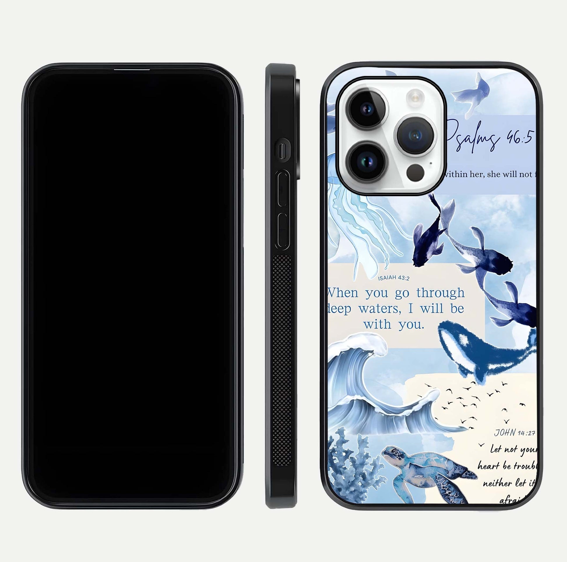 Faithful Ocean Promise Glass Case for iPhone 14 Pro dual-view layout showing sea horizon art and curved polish