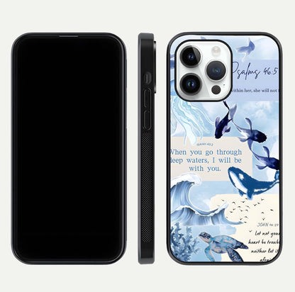 Faithful Ocean Promise Glass Case for iPhone 14 Pro dual-view layout showing sea horizon art and curved polish