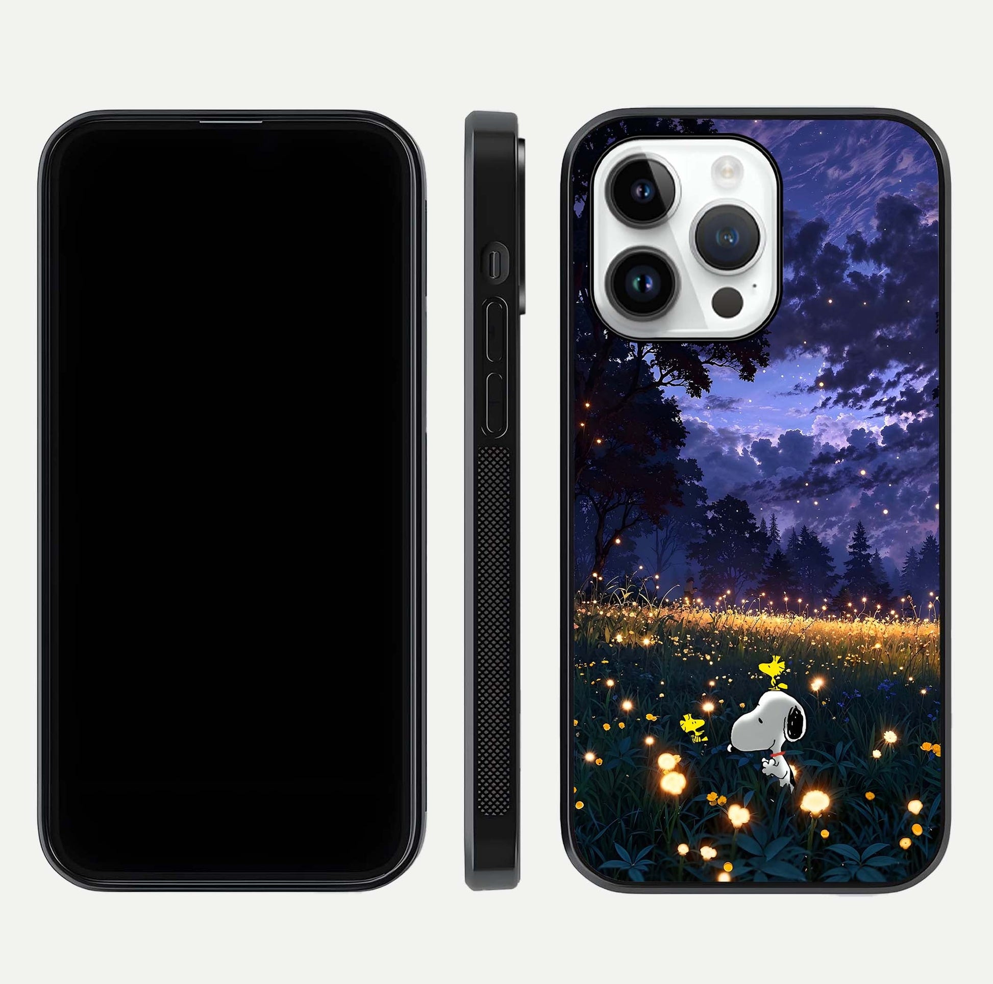Firefly Meadow Magic Glass Case for iPhone 14 Pro dual-view layout displaying enchanting tones and curved edges