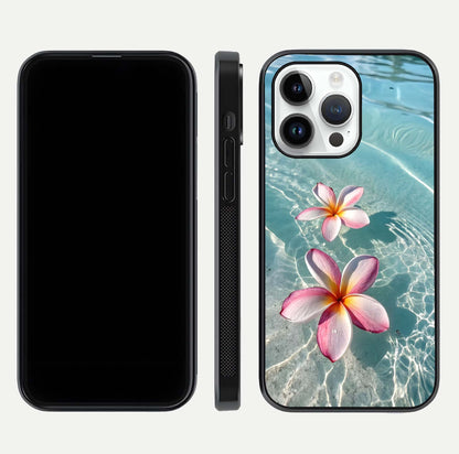 Floating Bloom Bliss Glass Case for iPhone 14 Pro dual-view layout displaying soft pastel flowers and curved glass