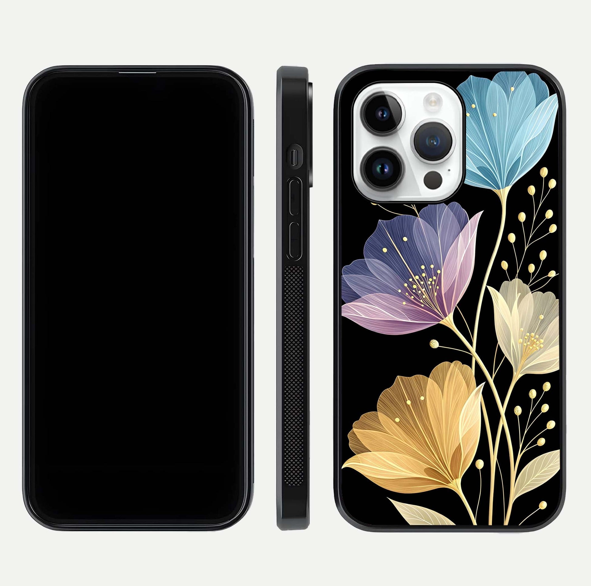 Flower Bloom Glow Glass Case for iPhone 14 Pro dual-view layout displaying petal tones and curved glass edge