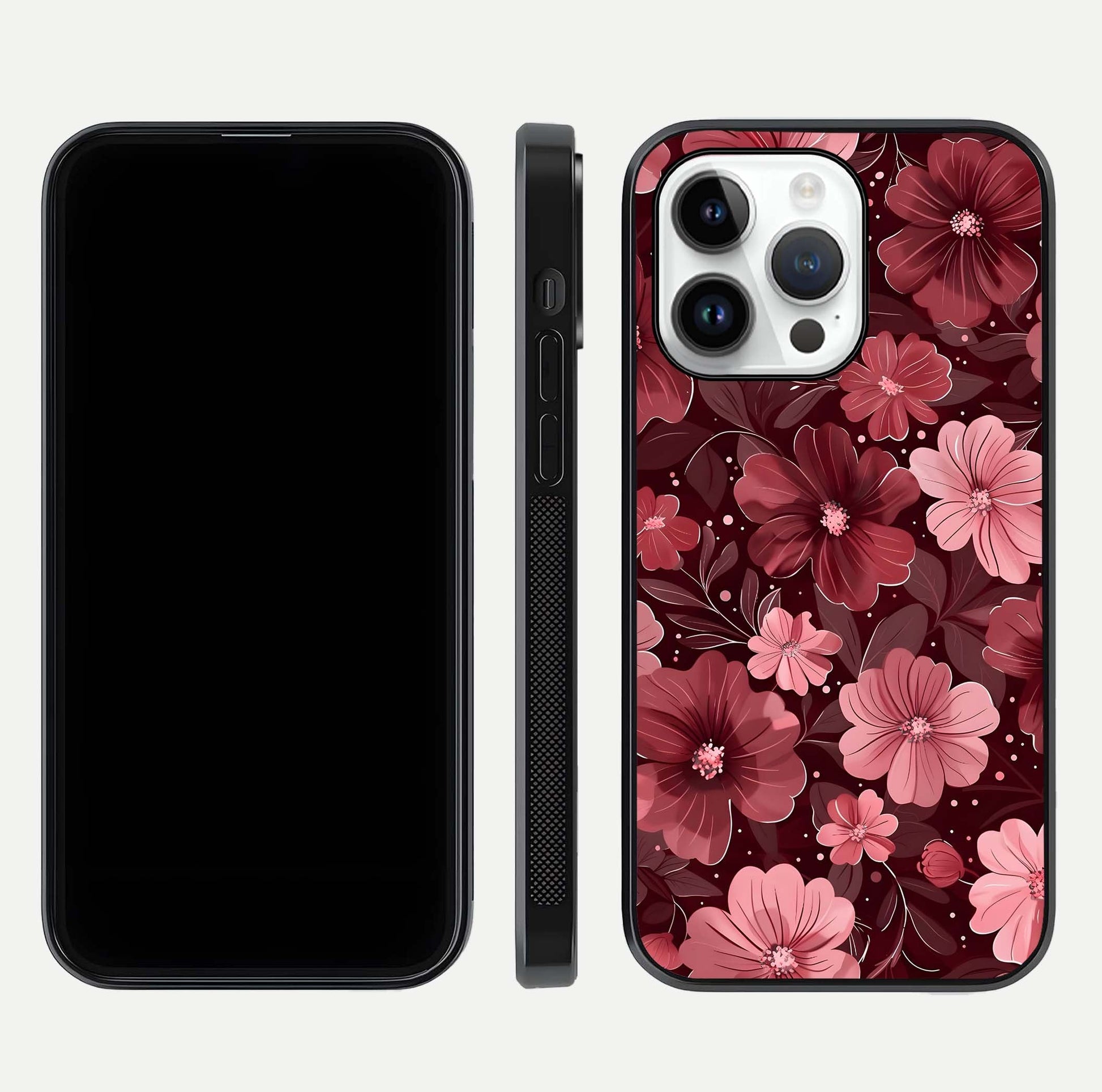 Flower Blush Bloom Glass Case for iPhone 14 Pro dual-view layout displaying HD print and smooth curves