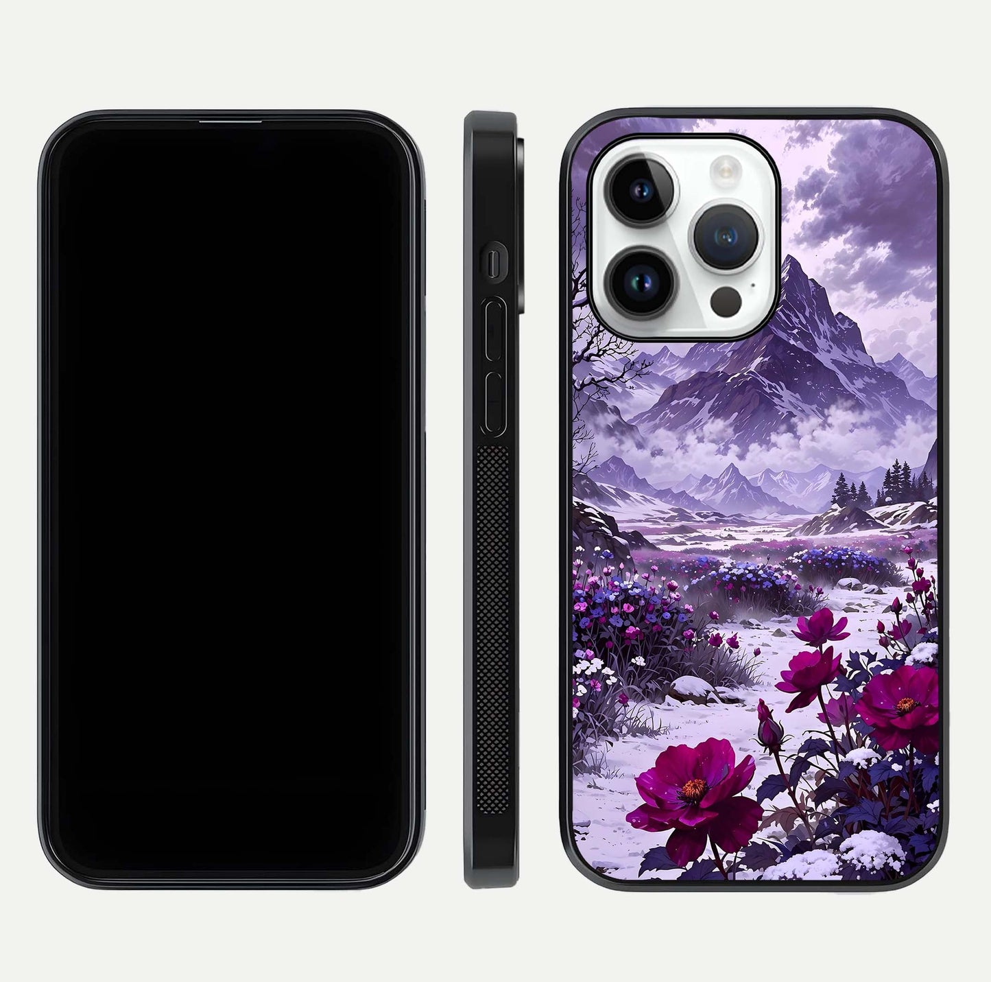 Flower Mountain View Glass Case for iPhone 14 Pro dual-view layout displaying scenic tones and curved glass finish