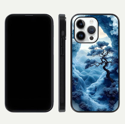 Frozen Serenity Gate Glass Case for iPhone 14 Pro dual-view layout displaying winter theme and smooth curves