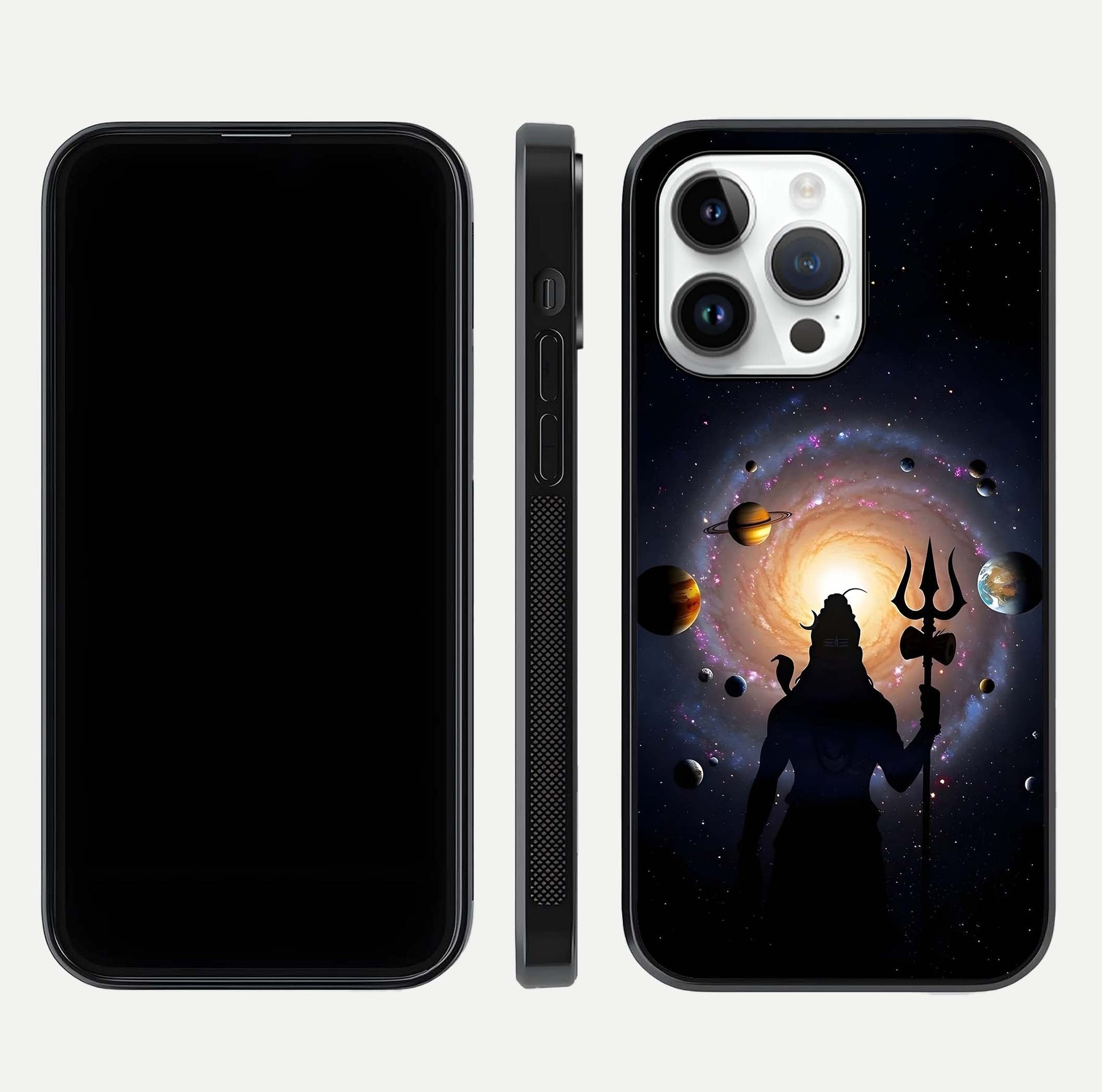 Galactic Shiva Vision Glass Case for iPhone 14 Pro front and back view layout showing celestial background and polished curved glass