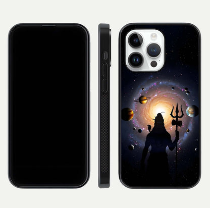 Galactic Shiva Vision Glass Case for iPhone 14 Pro front and back view layout showing celestial background and polished curved glass