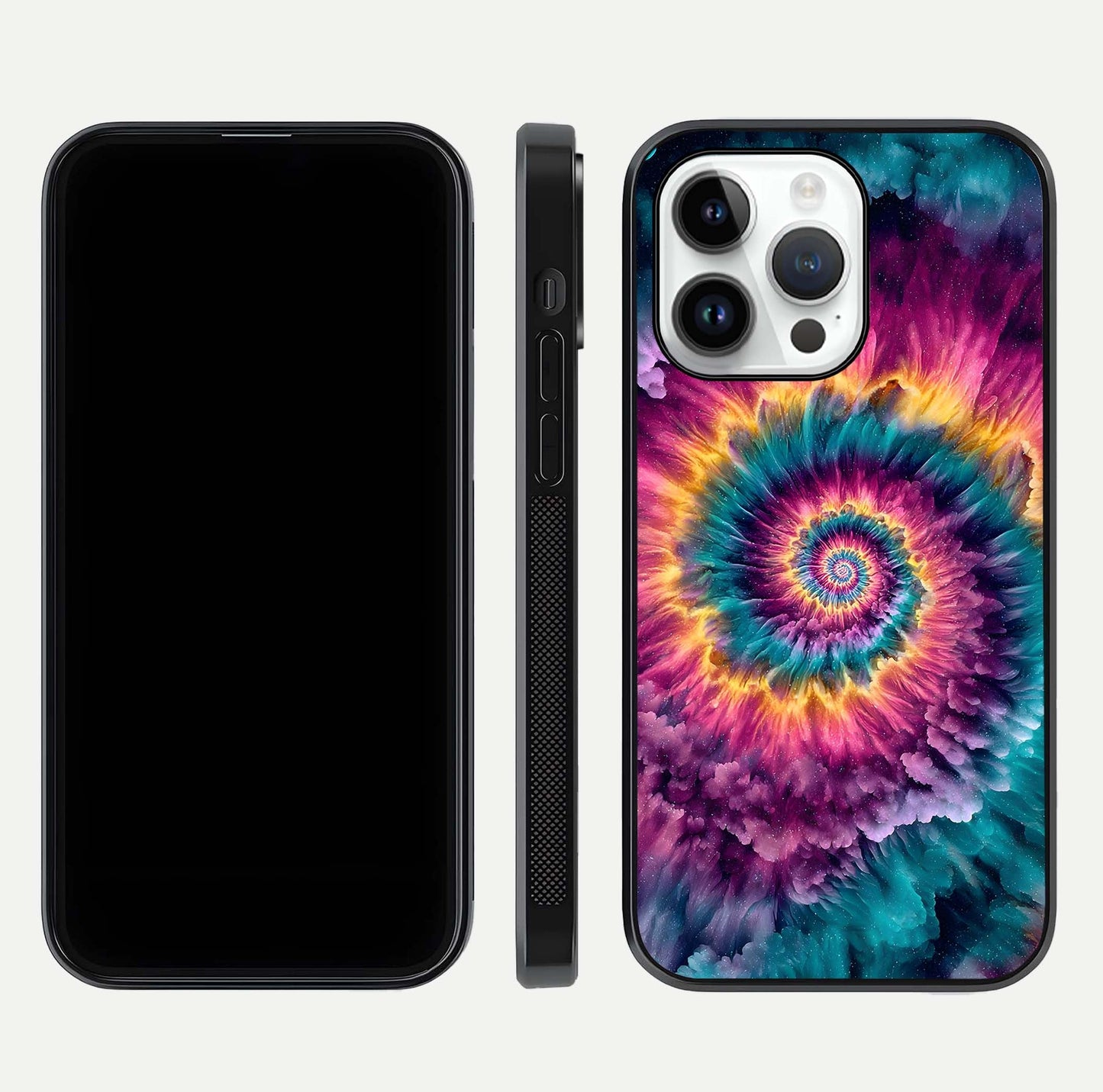 Galactic Spiral Burst Glass Case for iPhone 14 Pro front and back view layout highlighting cosmic swirl and curved edges