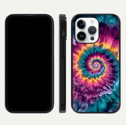 Galactic Spiral Burst Glass Case for iPhone 14 Pro front and back view layout highlighting cosmic swirl and curved edges