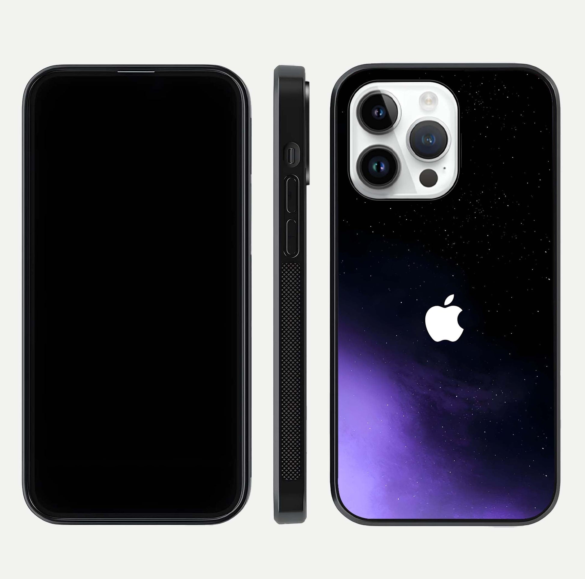 Galaxy Apple Aura Glass Case for iPhone 14 Pro front and back view layout displaying cosmic tones and premium curved glass edges