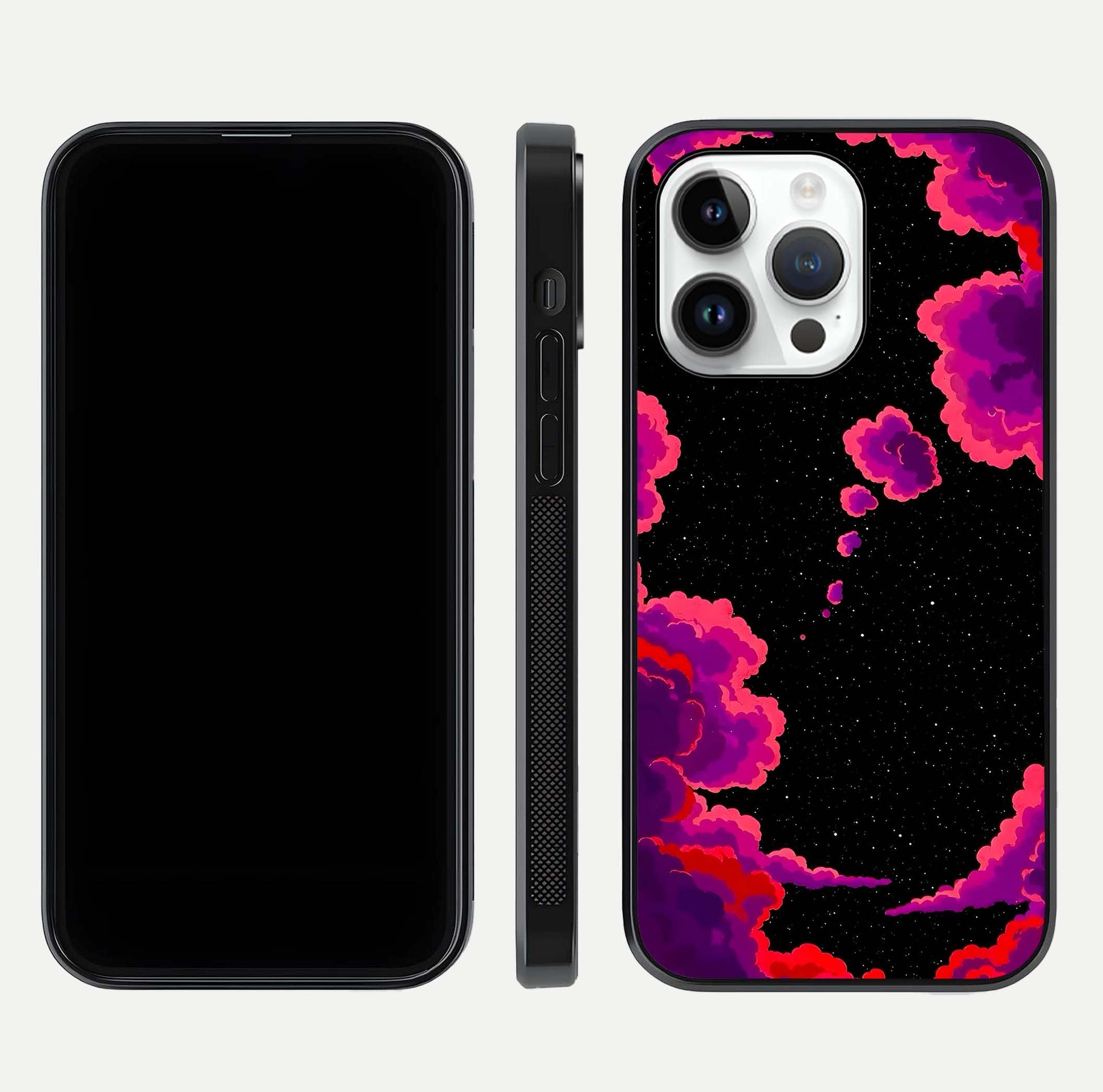 Galaxy Dream Frame Glass Case for iPhone 14 Pro front and back view layout highlighting cosmic design and smooth glass curvature