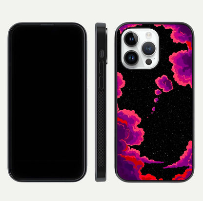 Galaxy Dream Frame Glass Case for iPhone 14 Pro front and back view layout highlighting cosmic design and smooth glass curvature