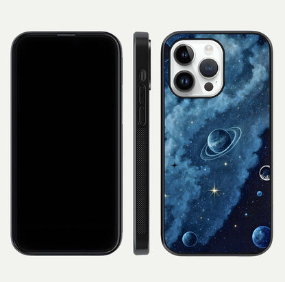 Galaxy Dream Space Glass Case for iPhone 14 Pro front and back view layout showing deep-space tones and curved edges