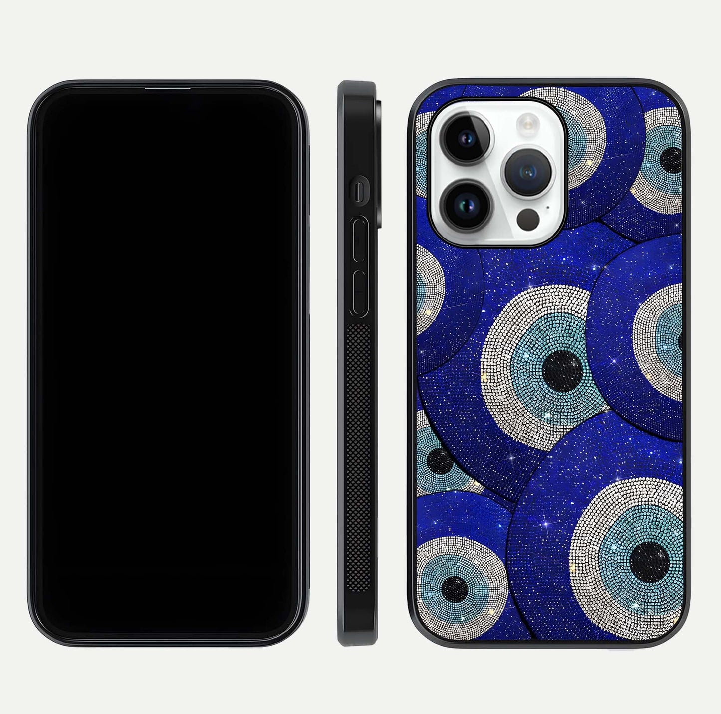 Galaxy Eye Flow Glass Case for iPhone 14 Pro front and back view layout displaying cosmic art and curved glass borders