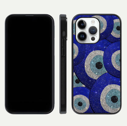 Galaxy Eye Flow Glass Case for iPhone 14 Pro front and back view layout displaying cosmic art and curved glass borders