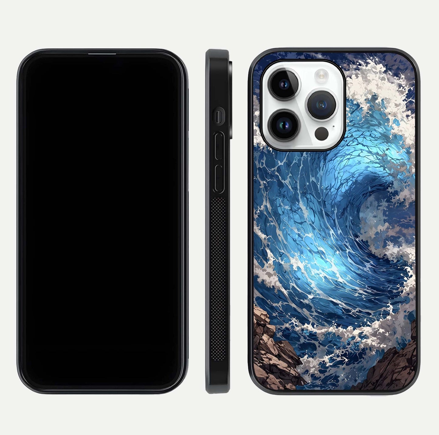 Giant Ocean Wave Glass Case for iPhone 14 Pro front and back view layout displaying sea tones and smooth curved edges