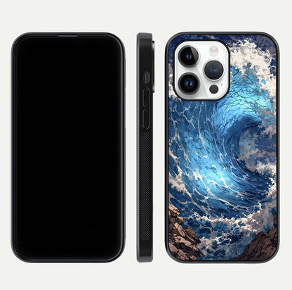 Giant Ocean Wave Glass Case for iPhone 14 Pro front and back view layout displaying sea tones and smooth curved edges