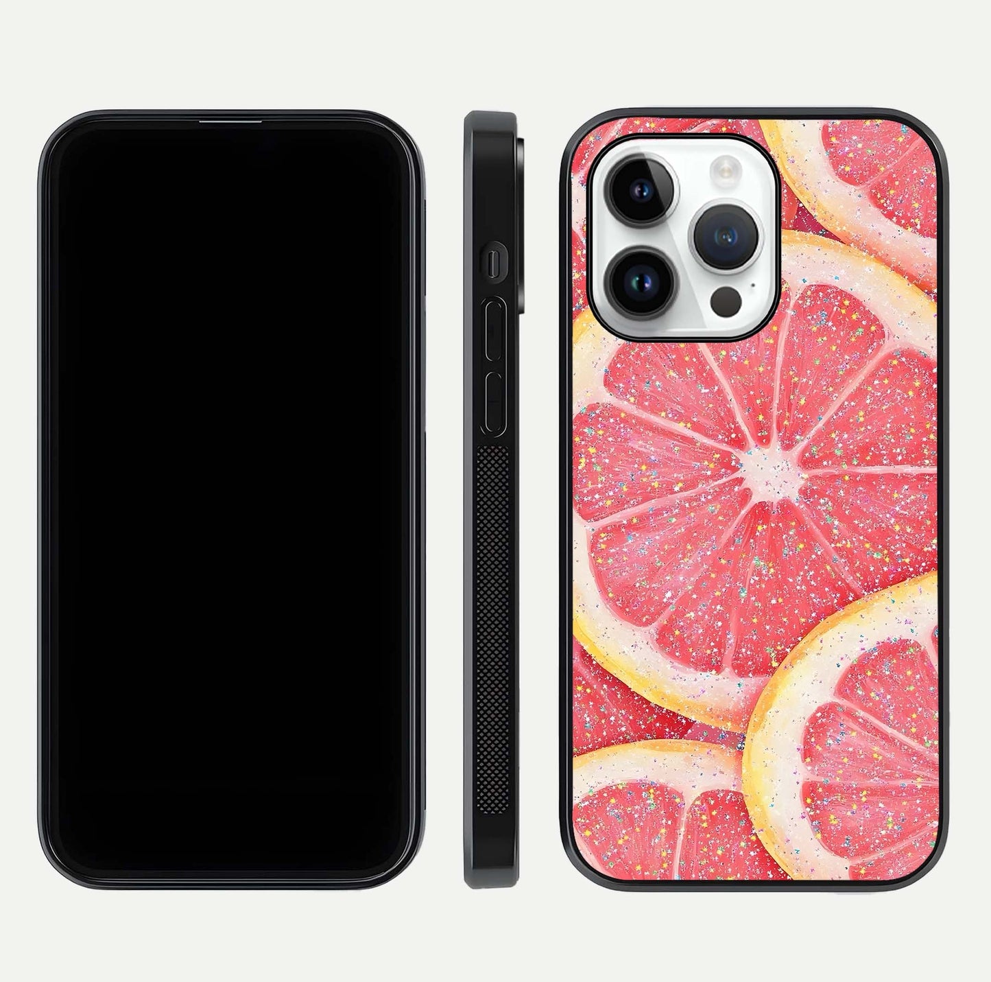 Glitter Grapefruit Glass Case for iPhone 14 Pro front and back view layout highlighting citrus hues and smooth glass