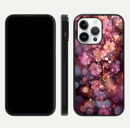 Glowing Petal Bliss Glass Case for iPhone 14 Pro front and back view layout displaying artistic floral design and curved glass