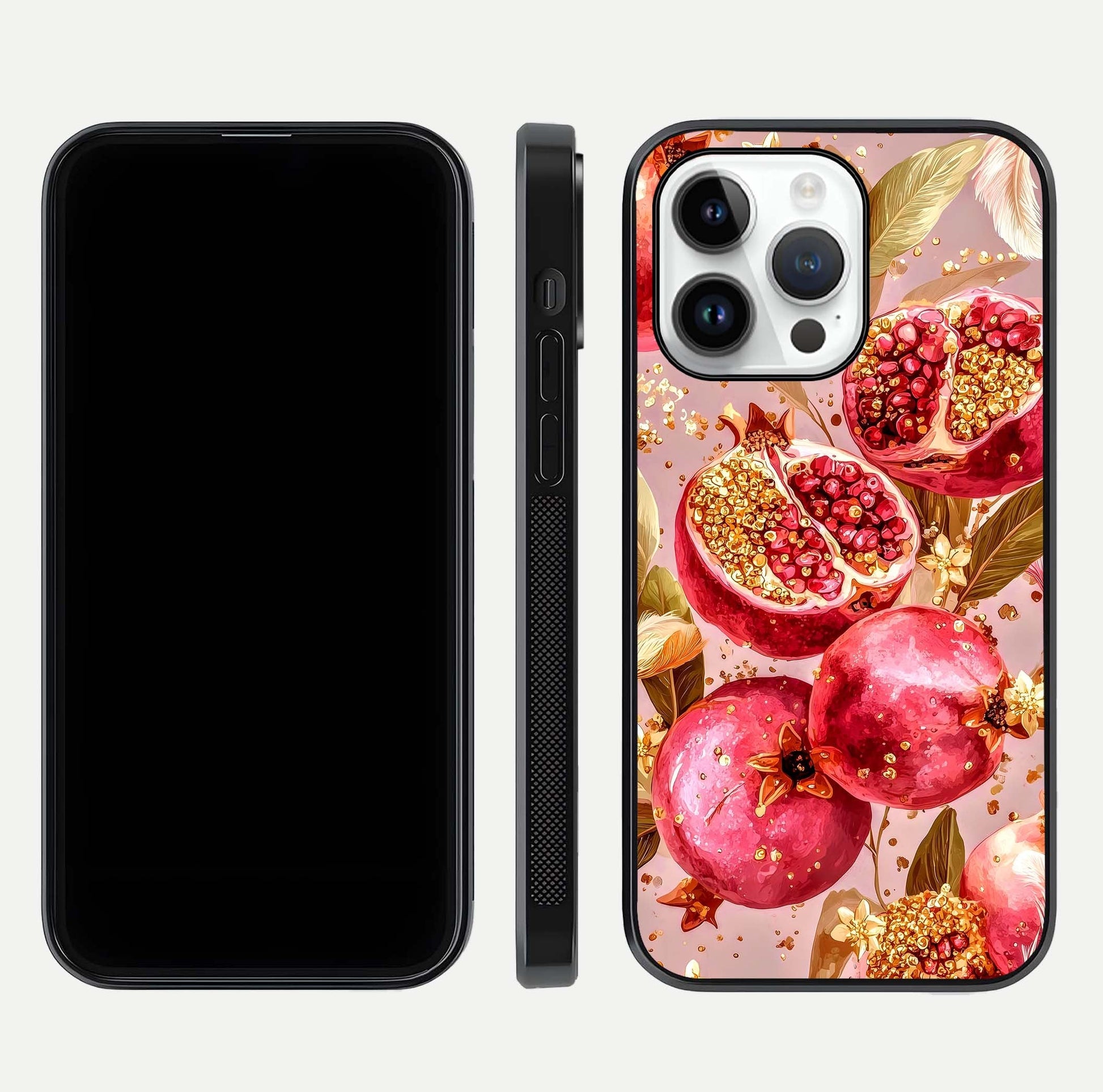 Golden Bloom Glow Glass Case for iPhone 14 Pro front and back view layout highlighting luxury floral pattern and curved edges