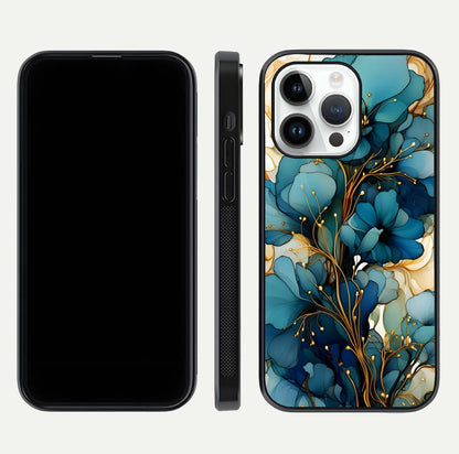 Golden Bloom Symphony Glass Case for iPhone 14 Pro front and back view layout highlighting rich floral tones and curved glass edges