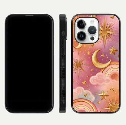 Golden Celestial Dreams Glass Case for iPhone 14 Pro front and back view layout highlighting celestial motifs and smooth curved edge