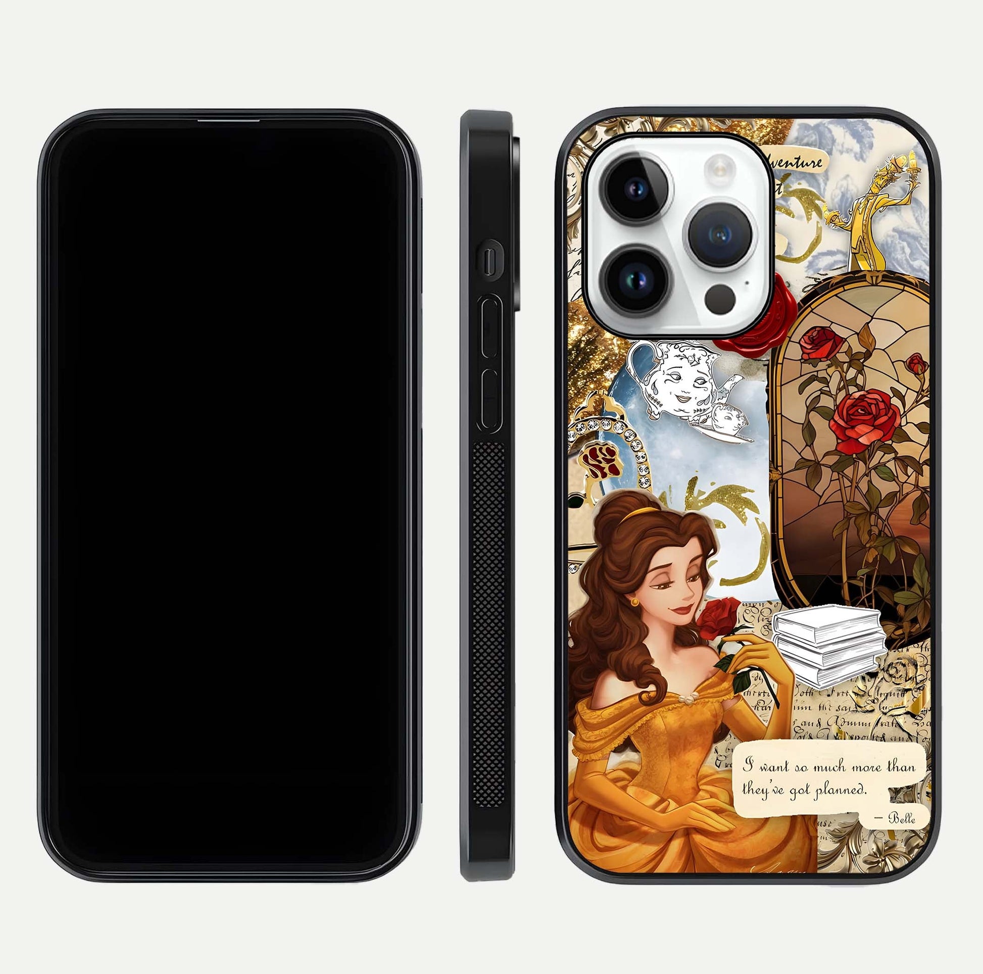 Golden Dream Belle Glass Case for iPhone 14 Pro front and back view layout displaying dreamy golden theme and smooth curvature