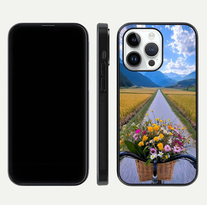 Golden Field Journey Glass Case for iPhone 14 Pro front and back view layout highlighting natural gradient and smooth glass finish