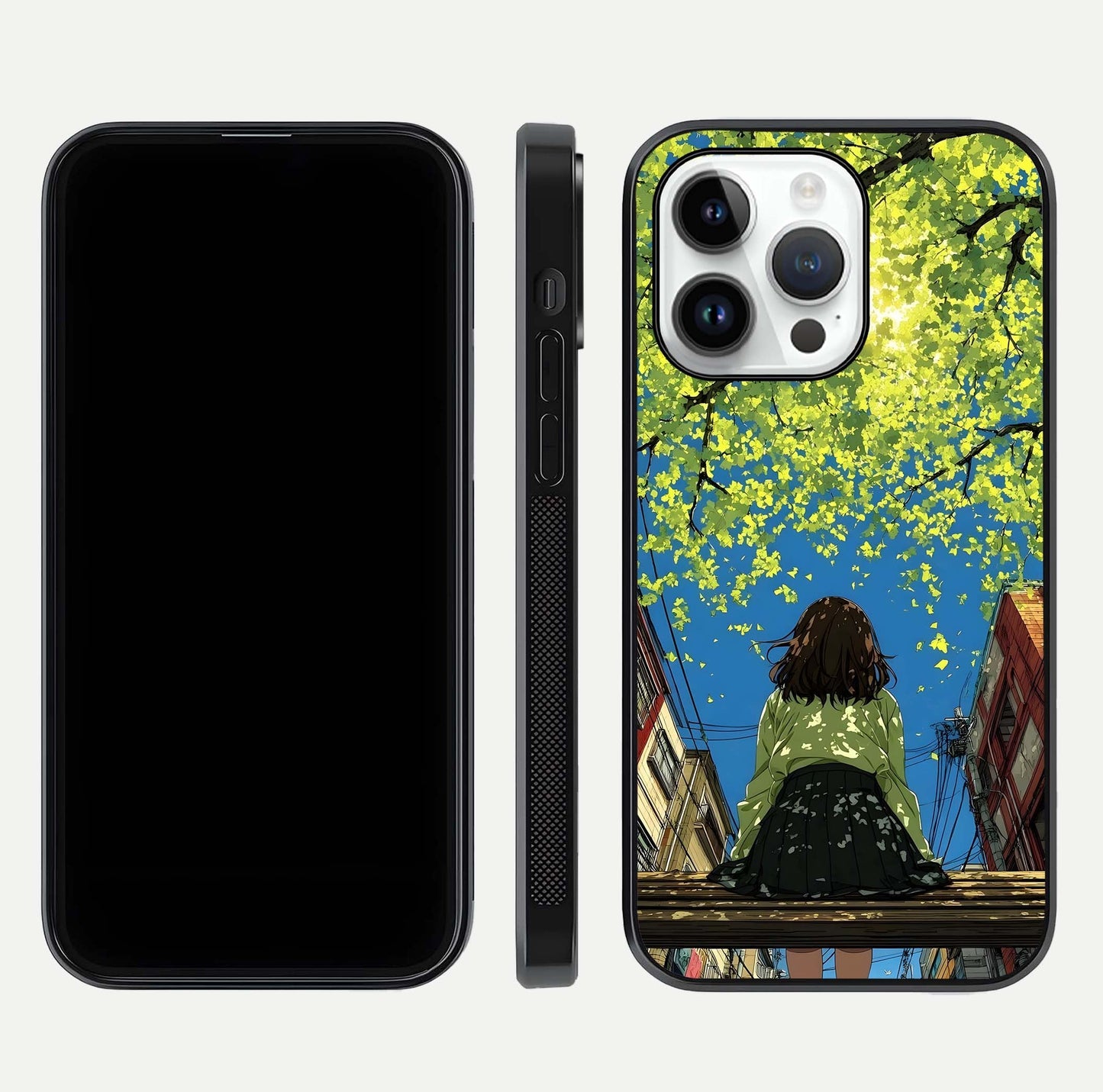 Golden Leaves Glow Glass Case for iPhone 14 Pro front and back view layout highlighting glowing tones and curved edges