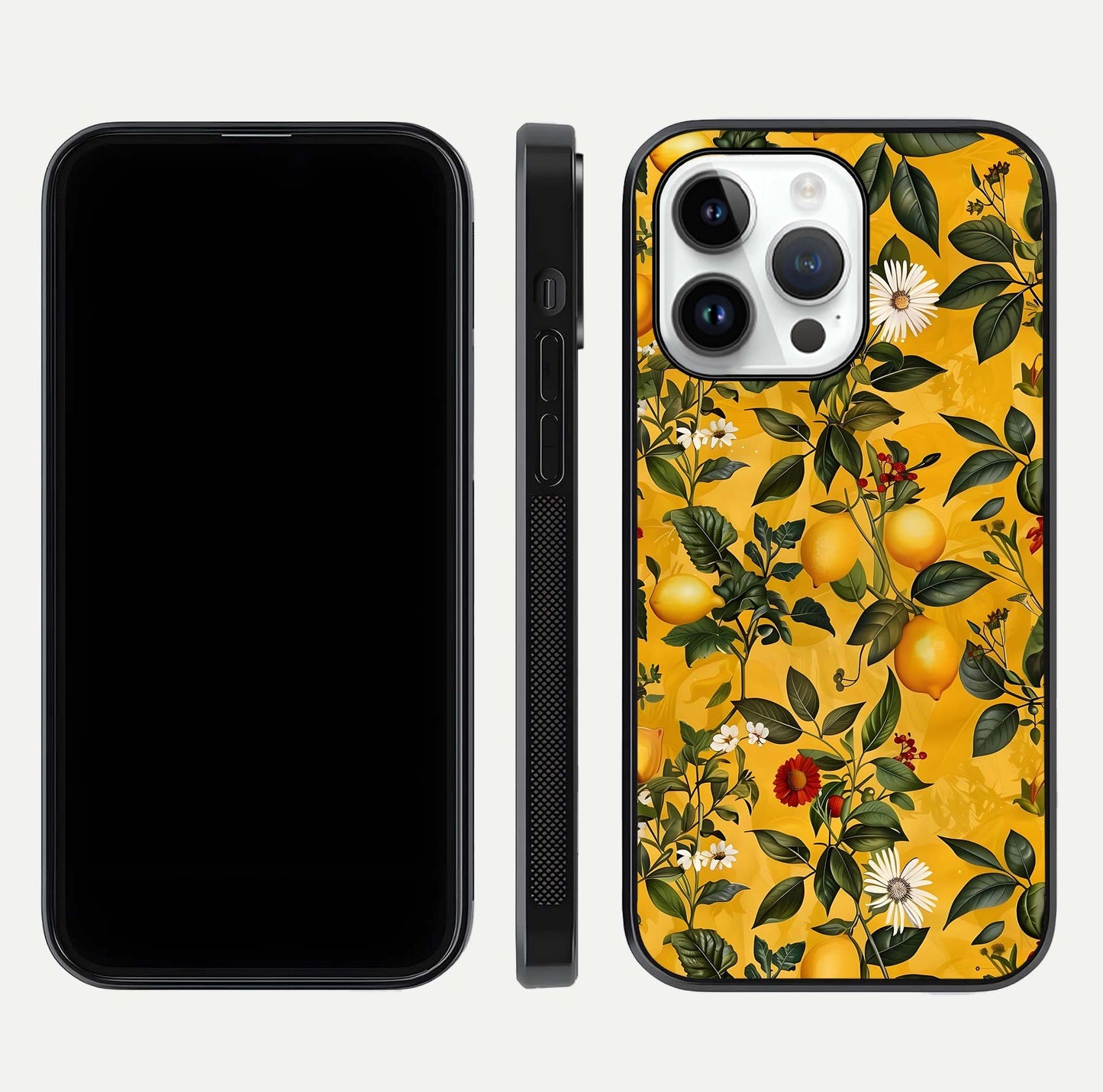 Golden Lemon Field Glass Case for iPhone 14 Pro front and back view layout highlighting fruity tones and curved glass edges