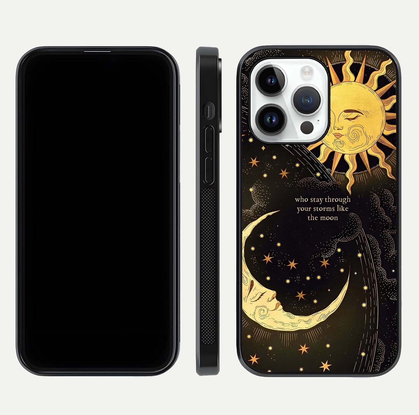 Golden Lunar Love Glass Case for iPhone 14 Pro front and back view layout highlighting celestial tones and curved edges