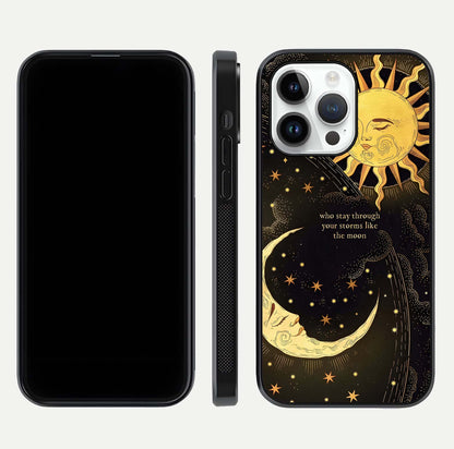Golden Lunar Love Glass Case for iPhone 14 Pro front and back view layout highlighting celestial tones and curved edges