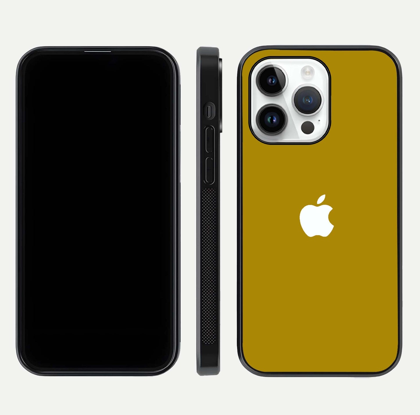 Golden Luxe Aura Glass Case for iPhone 14 Pro front and back view layout highlighting premium tone and curved glass