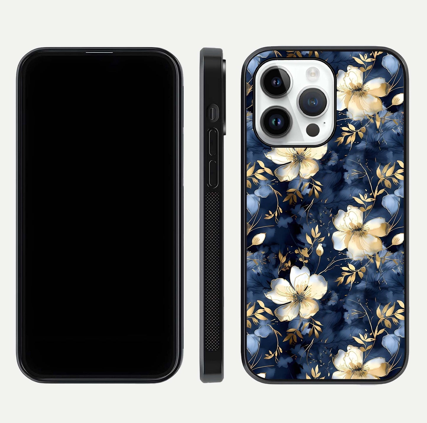 Golden Midnight Bloom Glass Case for iPhone 14 Pro front and back view layout highlighting dark-gold tones and smooth curves