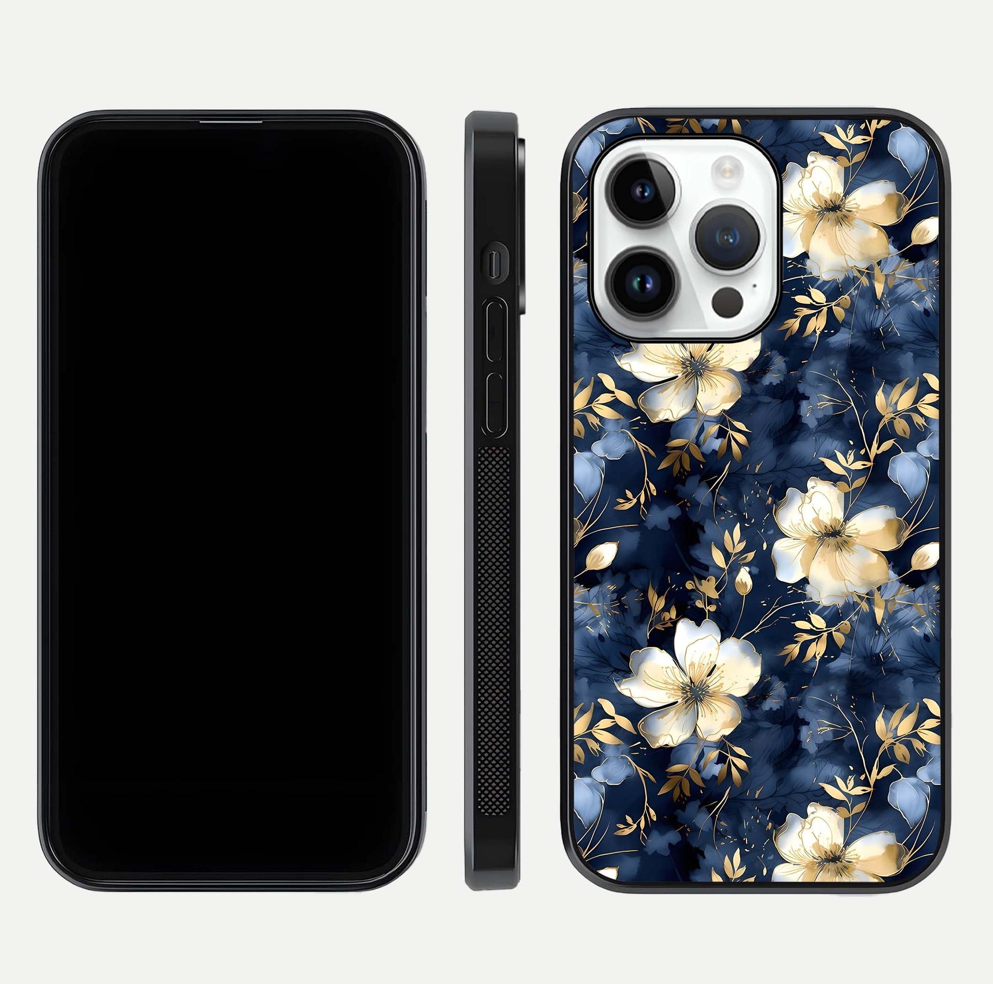 Golden Midnight Bloom Glass Case for iPhone 14 Pro front and back view layout highlighting dark-gold tones and smooth curves