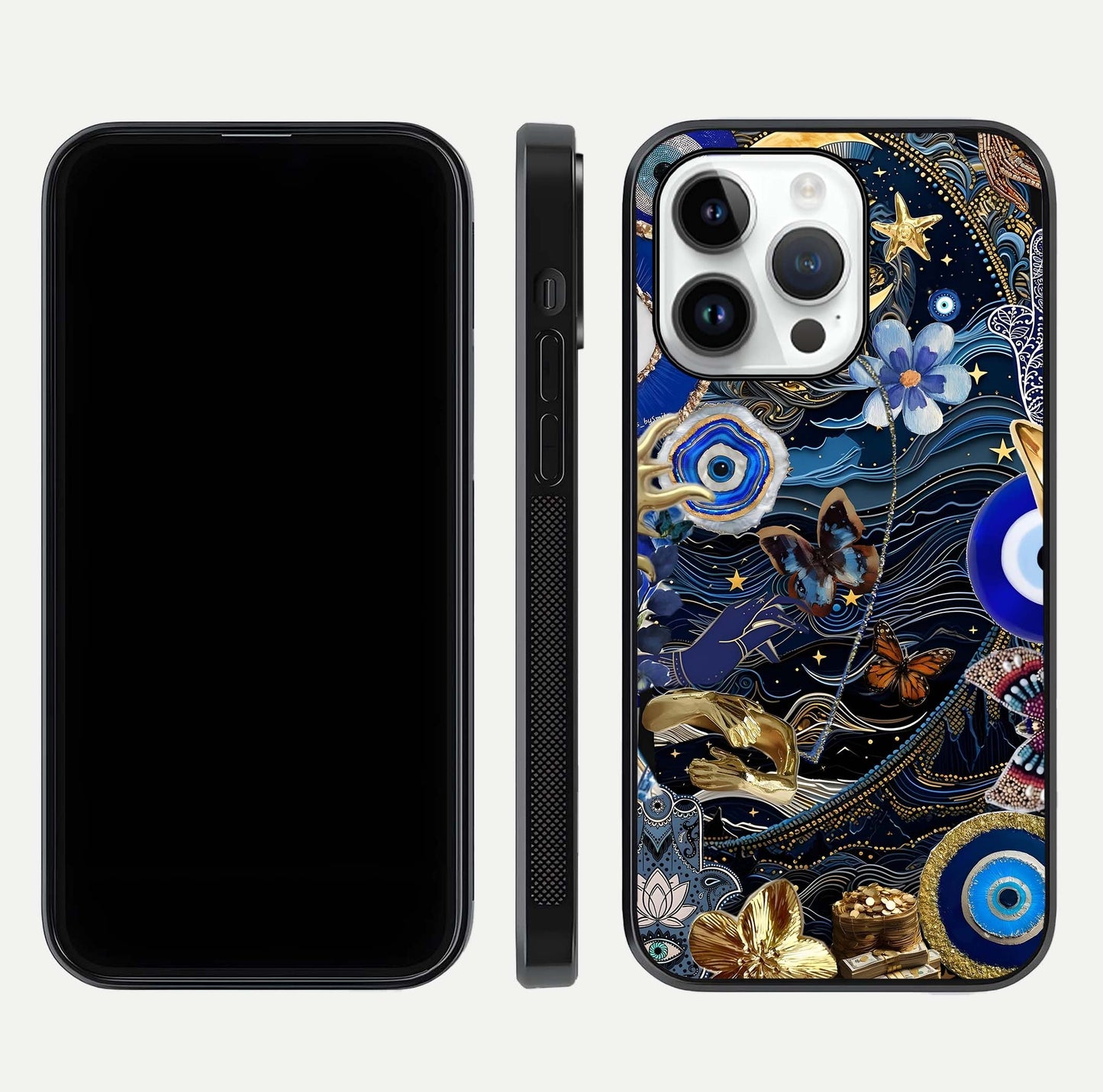 Golden Moon Magic Glass Case for iPhone 14 Pro front and back view layout highlighting celestial tones and curved glass