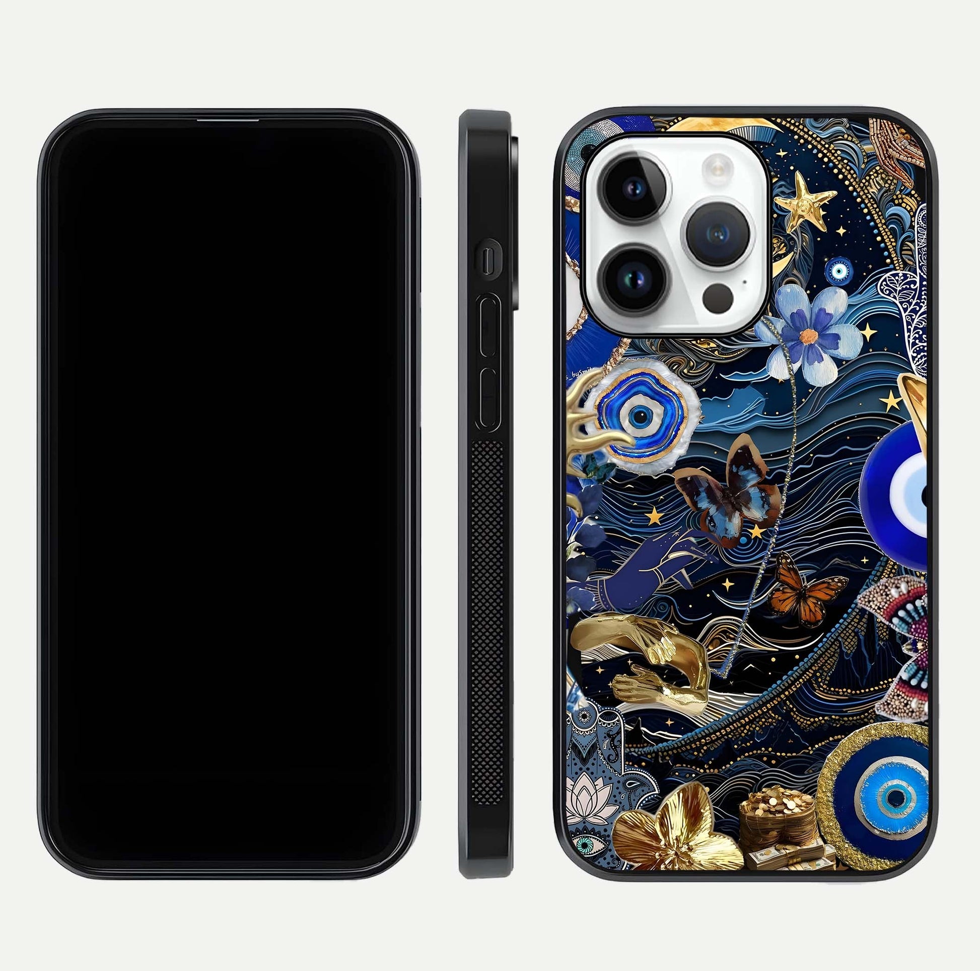 Golden Moon Magic Glass Case for iPhone 14 Pro front and back view layout highlighting celestial tones and curved glass