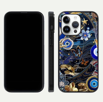 Golden Moon Magic Glass Case for iPhone 14 Pro front and back view layout highlighting celestial tones and curved glass