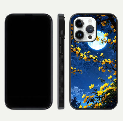 Golden Night Glow Glass Case for iPhone 14 Pro front and back view layout displaying metallic glow and curved glass edge