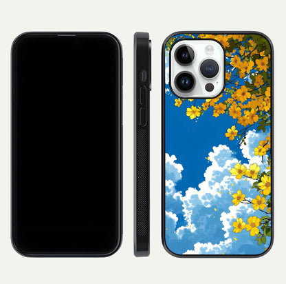 Golden Petal Sky Glass Case for iPhone 14 Pro front and back view layout highlighting floral pattern and curved glass edges